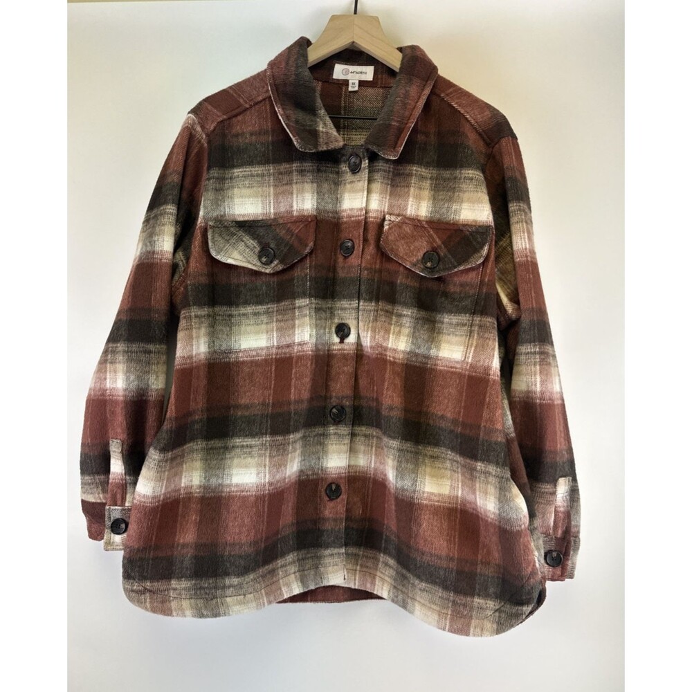44 Degrees North Plaid Flannel Shacket Jacket Wool Blend Button Chocolate 1X